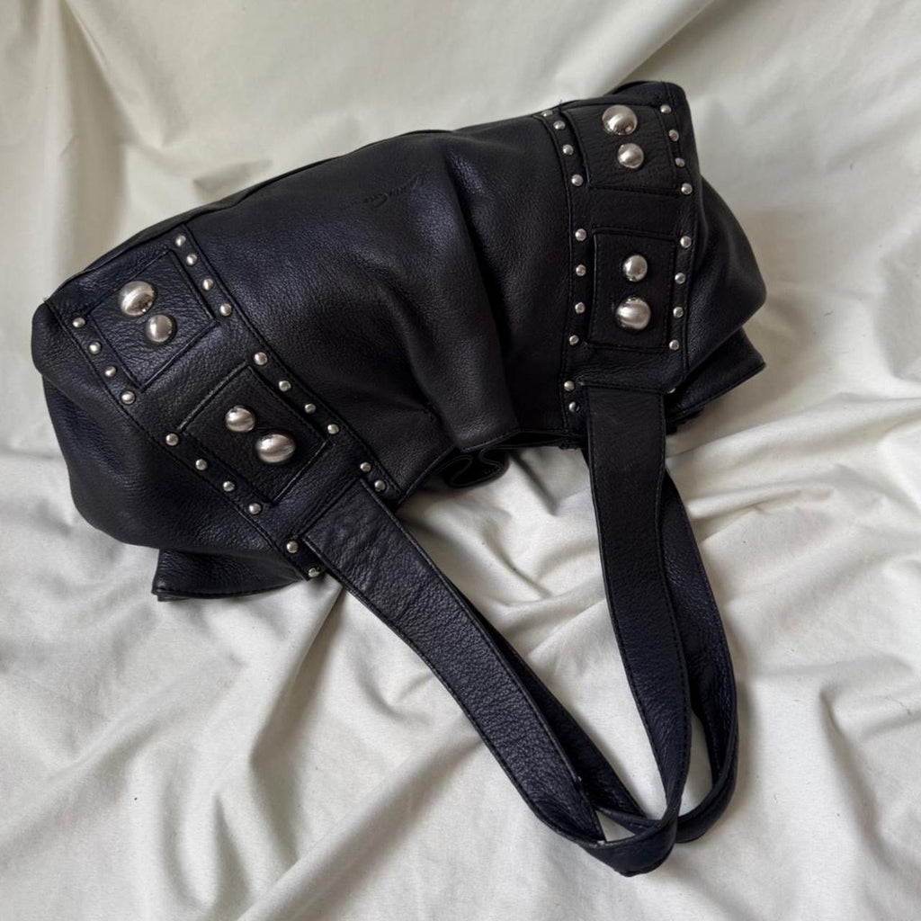 Vintage Black Studded Leather Dumpling Bag