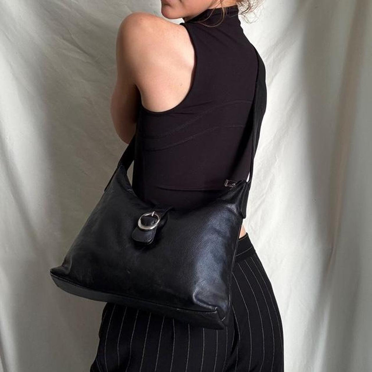 Vintage Structured Black Leather Hobo Bag Medium Sized