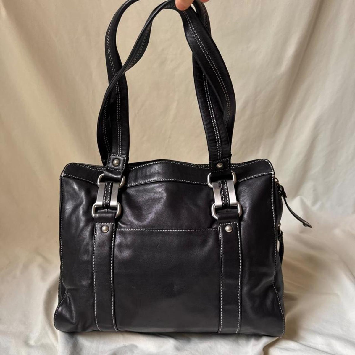 Vintage Large Black Leather Boxy Shoulder bag with Chunky Hardware