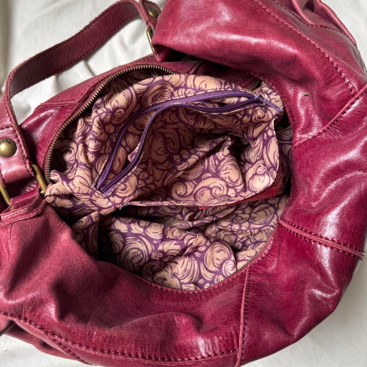 Large Distressed Red Ruched Half Moon Hobo Bag