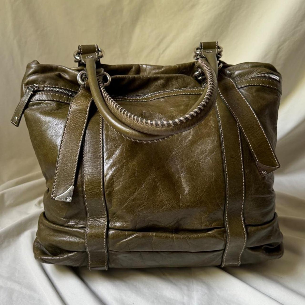 Vintage Oversized Olive Green Leather Tote Bag
