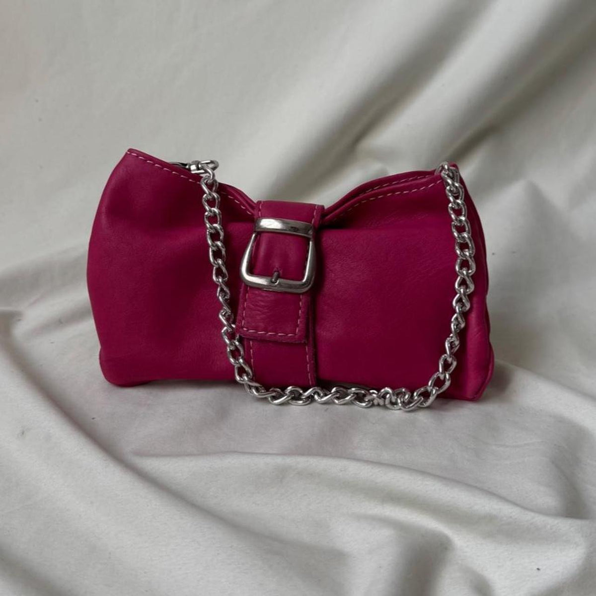 Vintage Y2K hot pink mini bag with silver chain and buckle