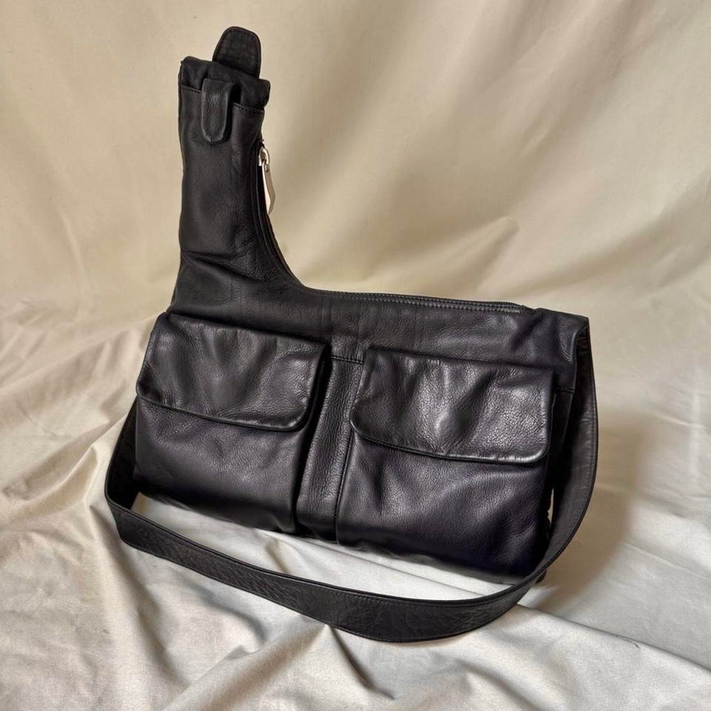 Y2k Black Leather Crossbody Sling Bag with Chunky Silver Buckle