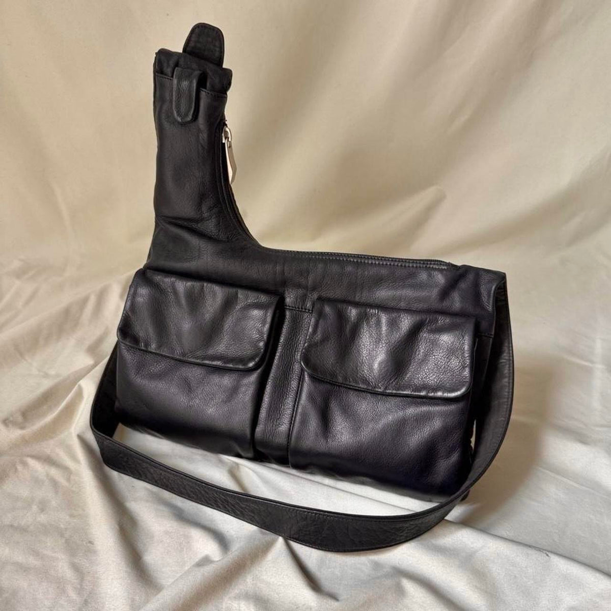 Y2k Black Leather Crossbody Sling Bag with Chunky Silver Buckle