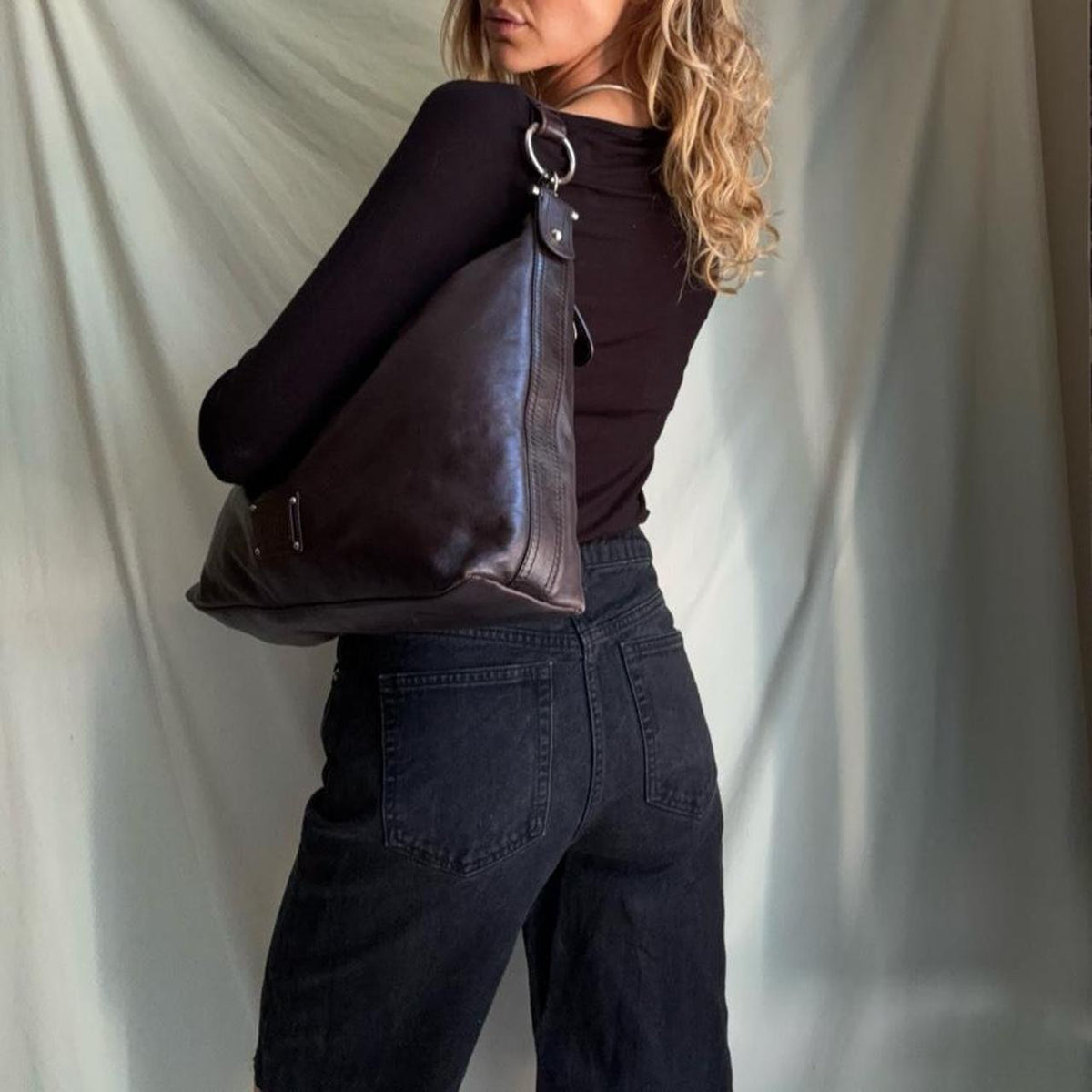 Vintage Y2K real leather, large slouchy burgundy hobo bag