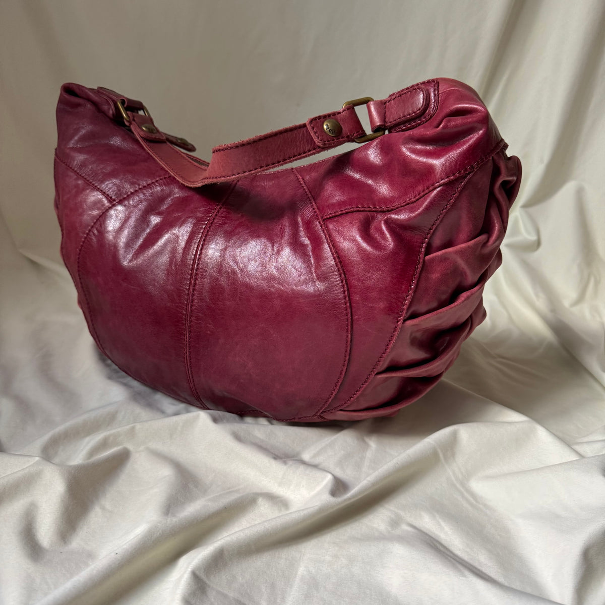Large Distressed Red Ruched Half Moon Hobo Bag