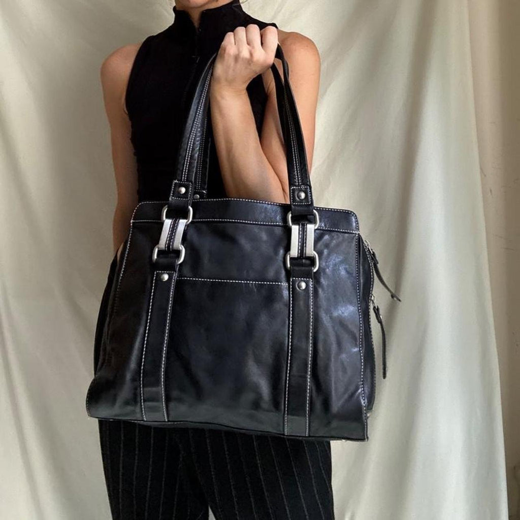Vintage Large Black Leather Boxy Shoulder bag with Chunky Hardware
