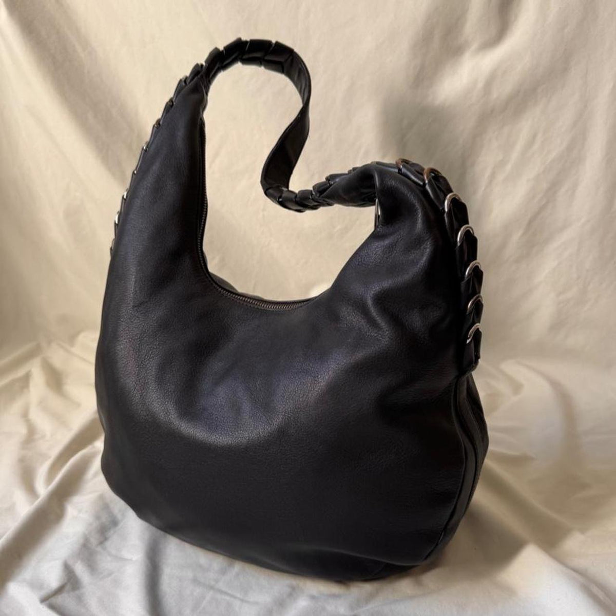 Sculptural Vintage Leather Hobo Bag With Hardware Spine