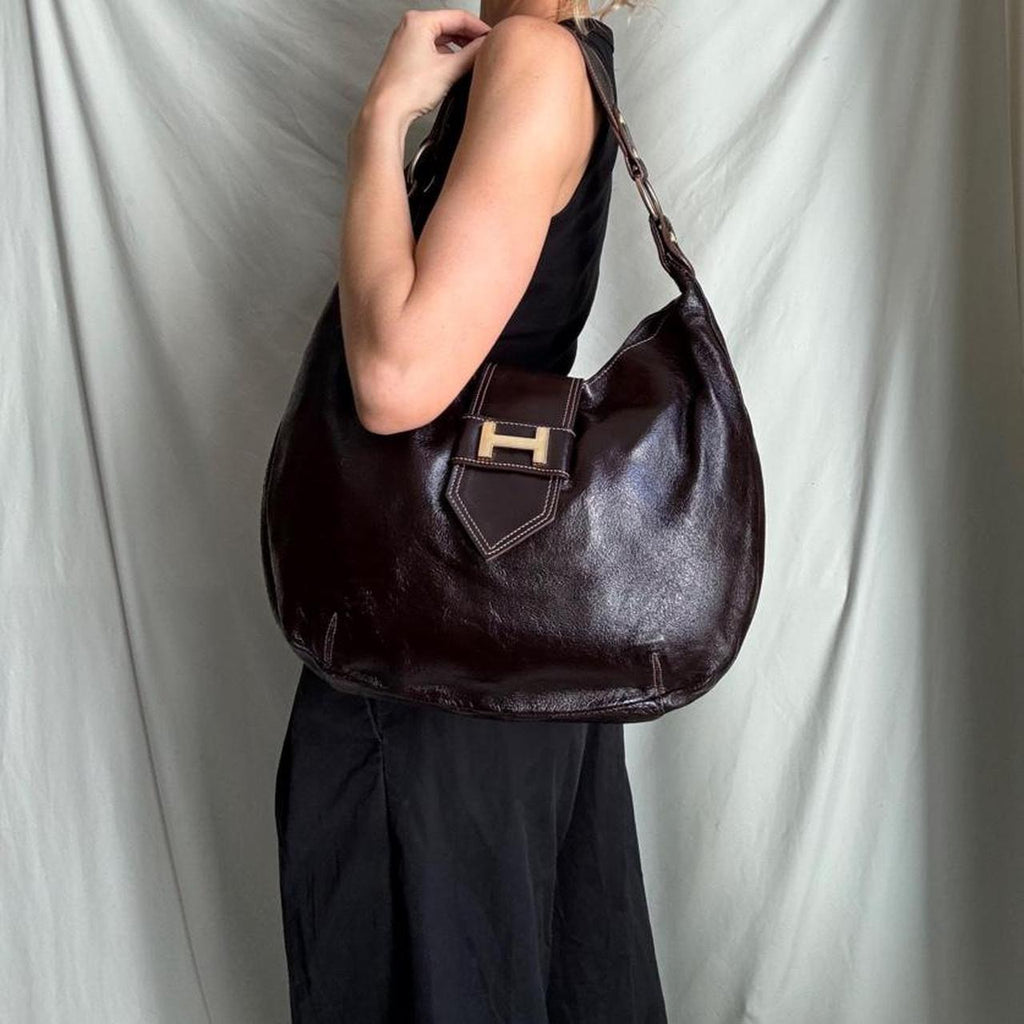 Vintage Y2K Oversized Brown Patent Leather Hobo Bag
