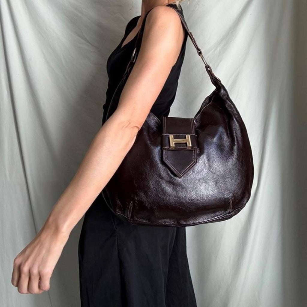 Vintage Y2K Oversized Brown Patent Leather Hobo Bag