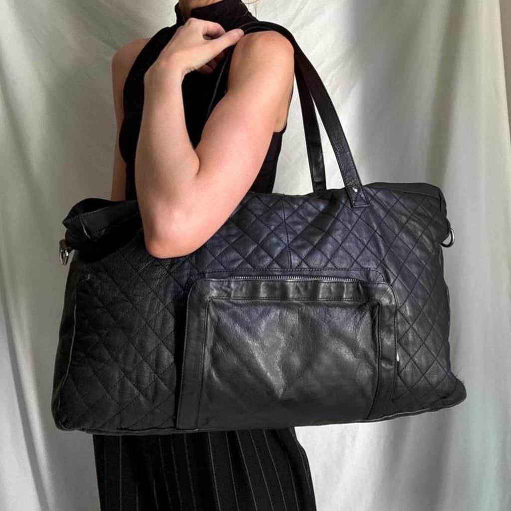 Y2K large black leather hold-all weekender bag