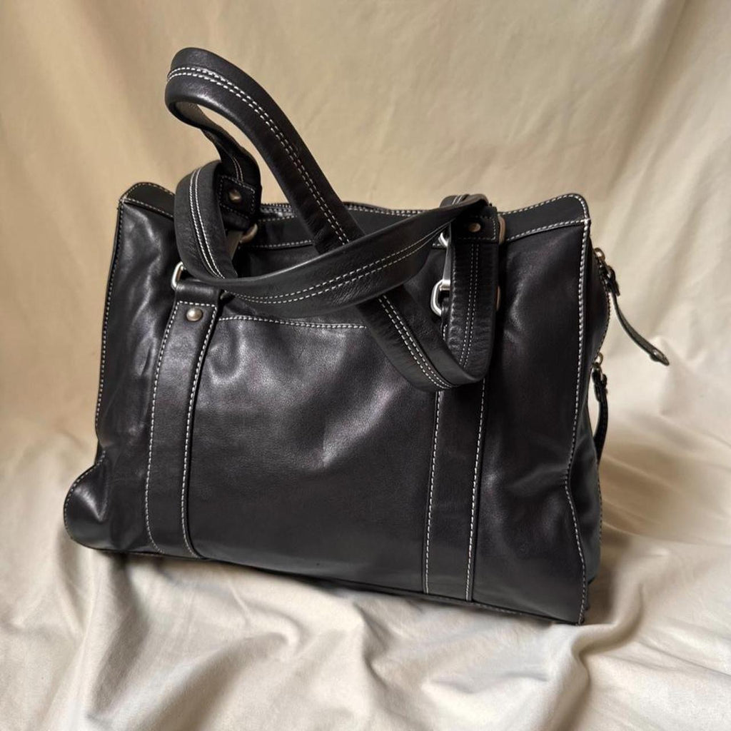 Vintage Large Black Leather Boxy Shoulder bag with Chunky Hardware