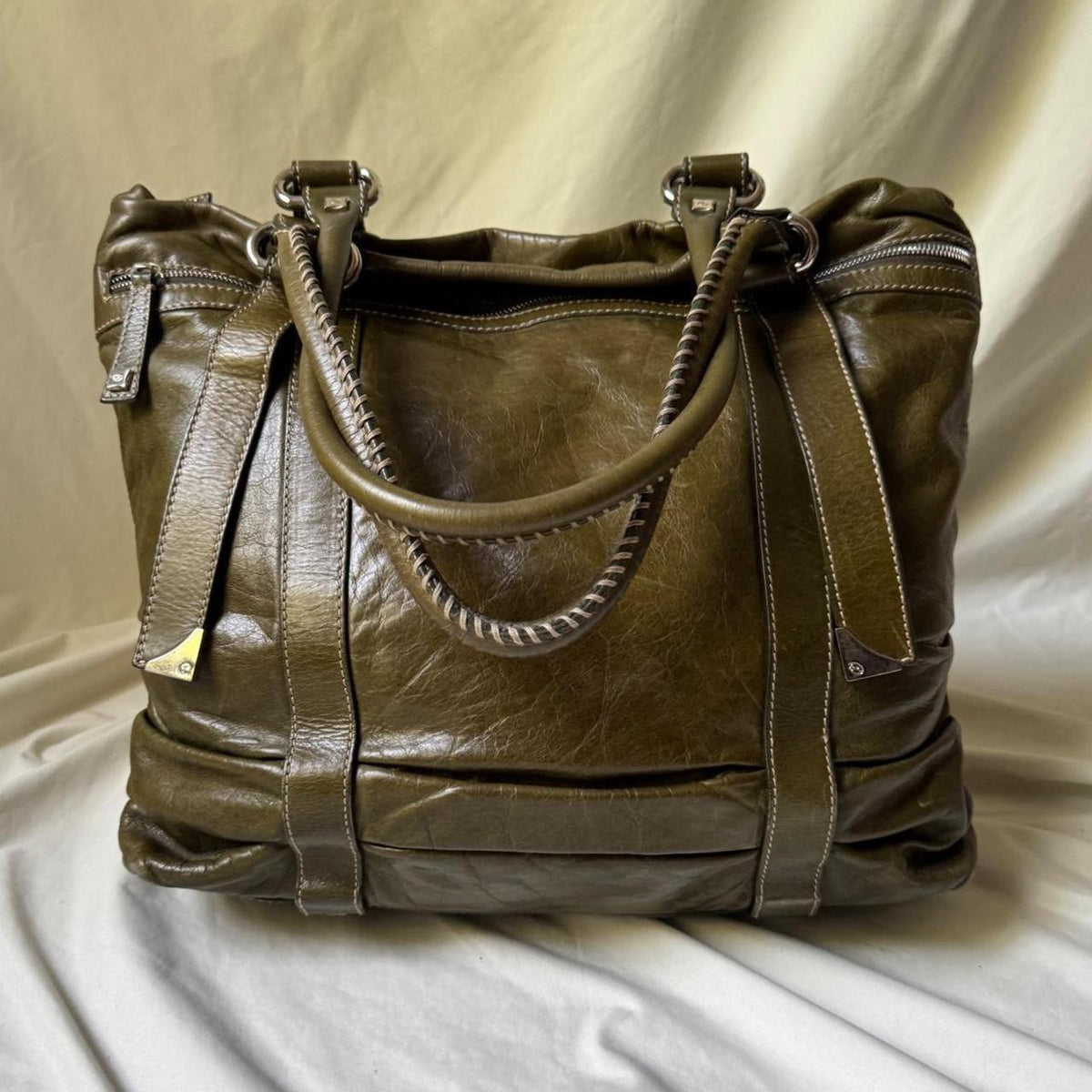 Vintage Oversized Olive Green Leather Tote Bag