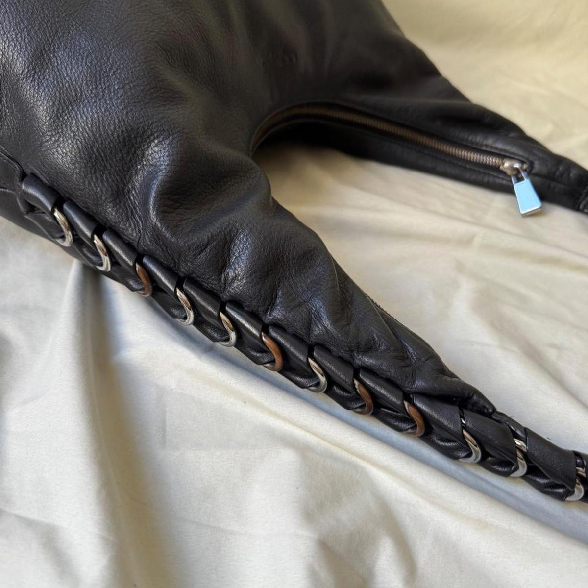 Sculptural Vintage Leather Hobo Bag With Hardware Spine