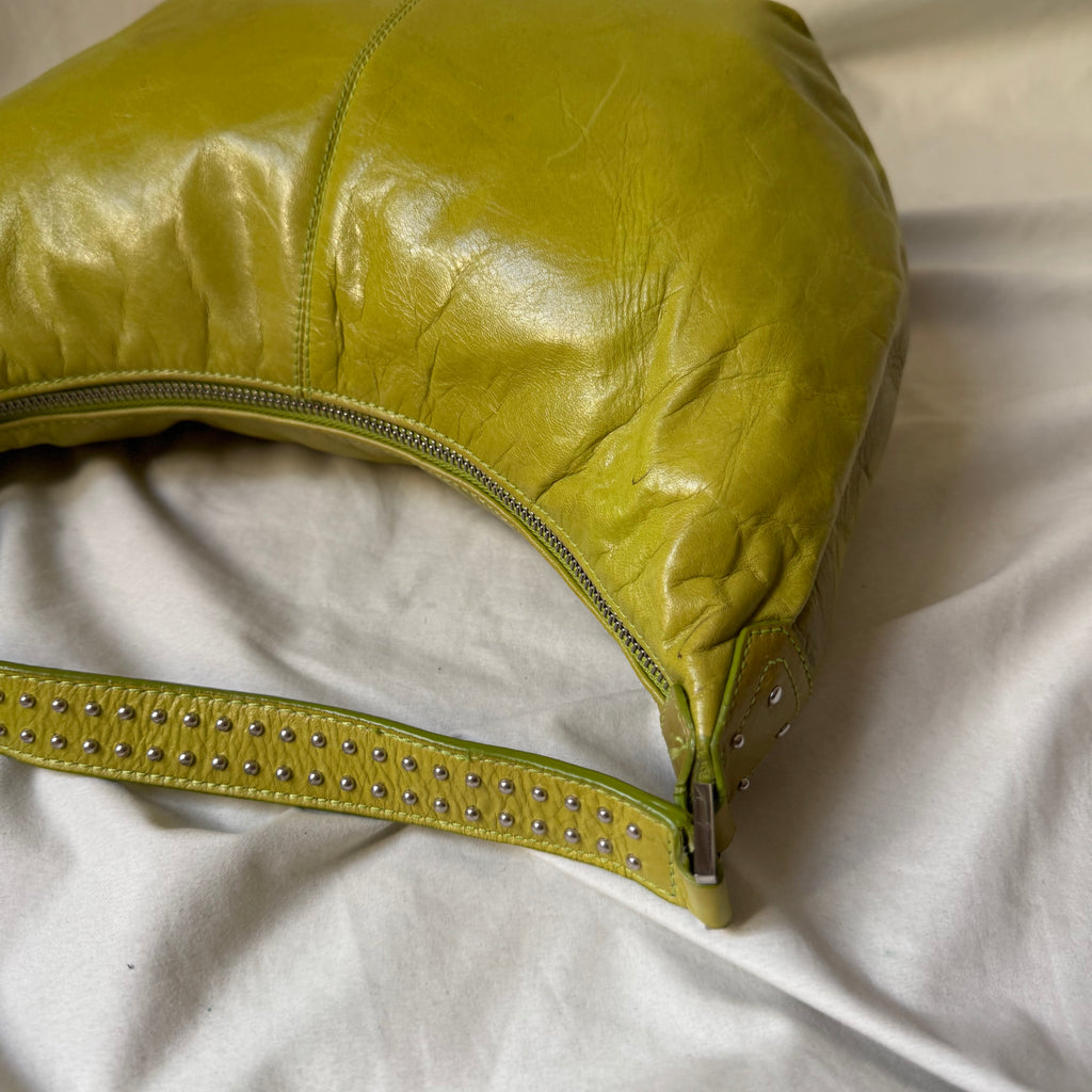 Y2K lime green leather hobo bag with studs