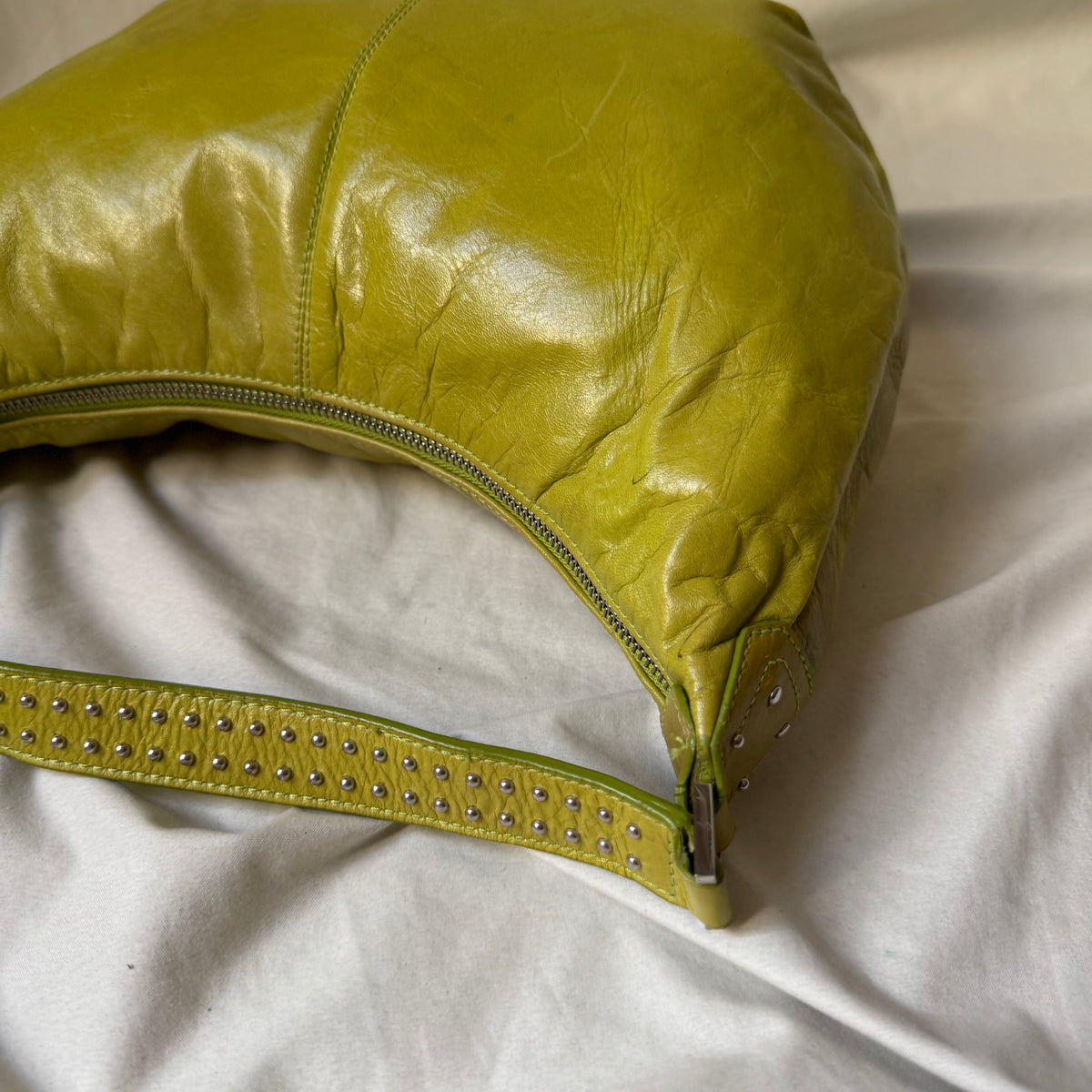 Y2K lime green leather hobo bag with studs