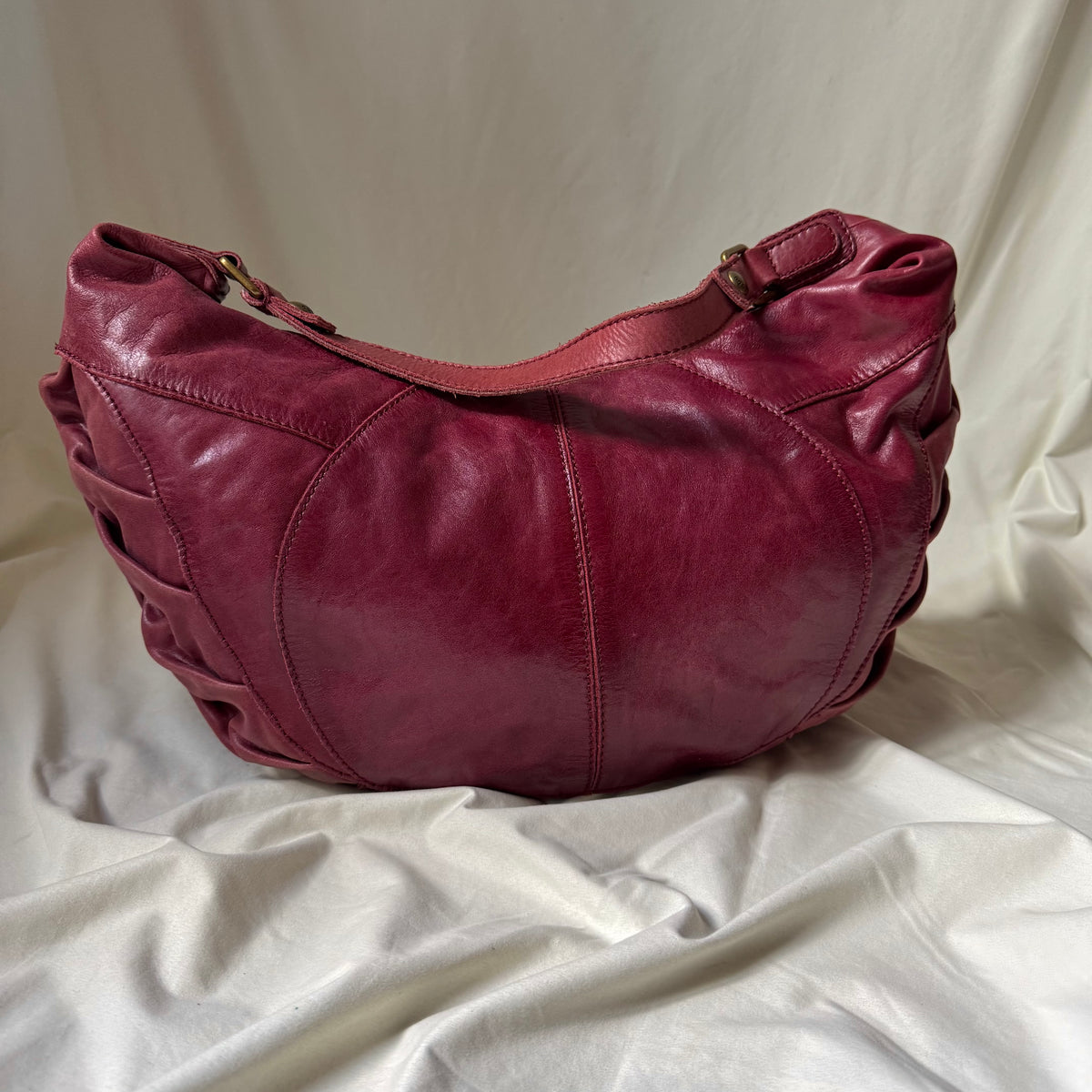 Large Distressed Red Ruched Half Moon Hobo Bag