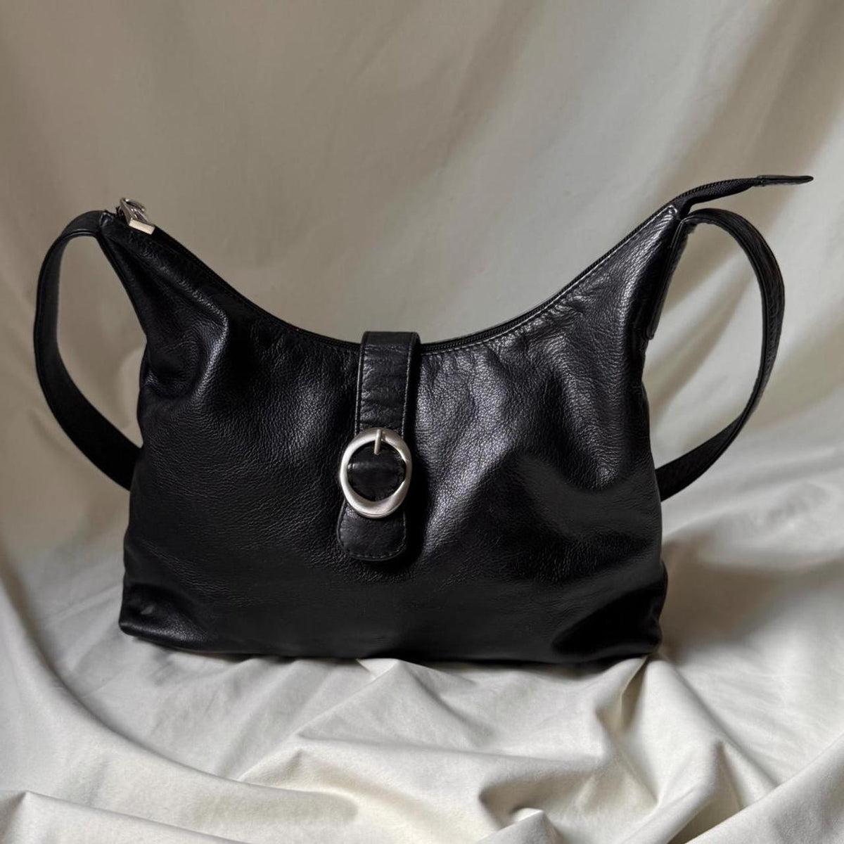 Vintage Structured Black Leather Hobo Bag Medium Sized