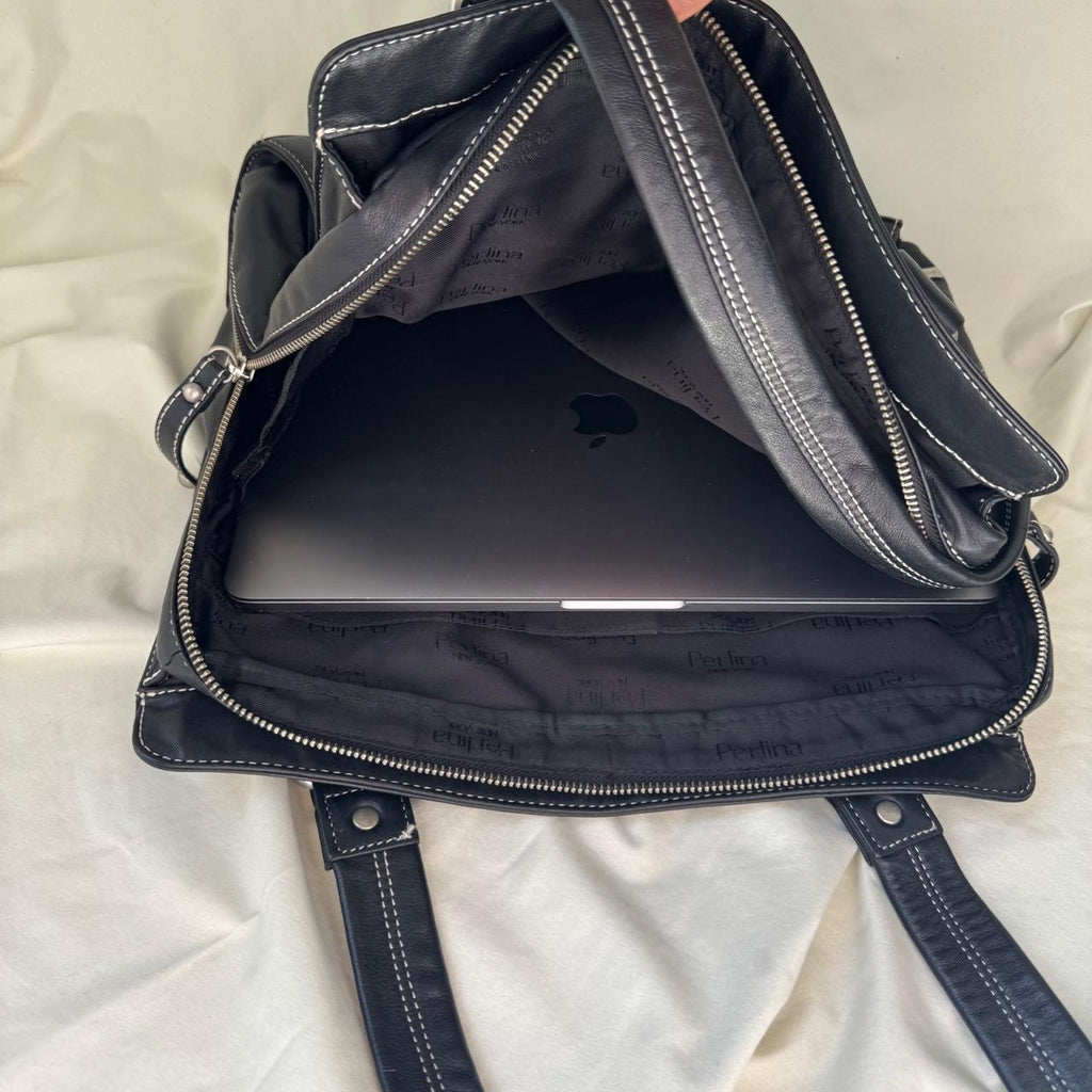 Vintage Large Black Leather Boxy Shoulder bag with Chunky Hardware