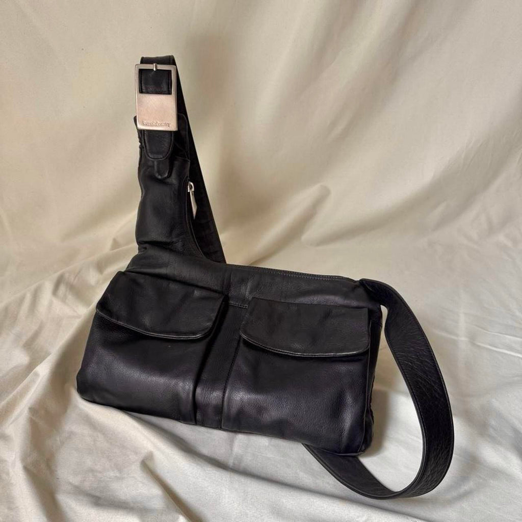 Y2k Black Leather Crossbody Sling Bag with Chunky Silver Buckle