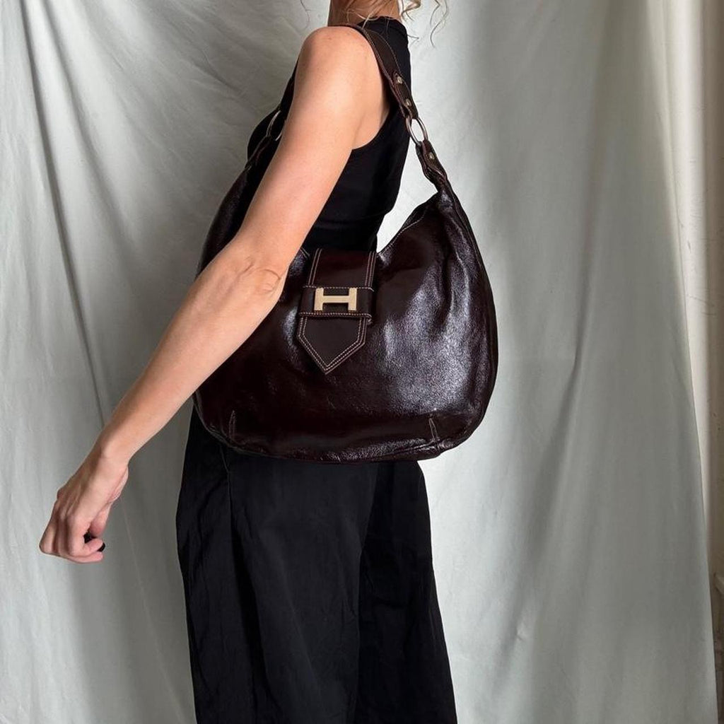 Vintage Y2K Oversized Brown Patent Leather Hobo Bag