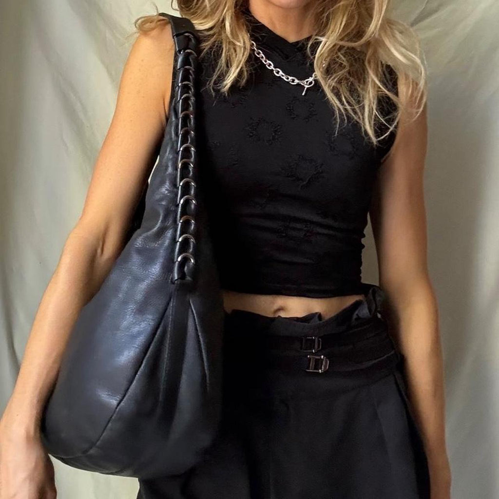 Sculptural Vintage Leather Hobo Bag With Hardware Spine