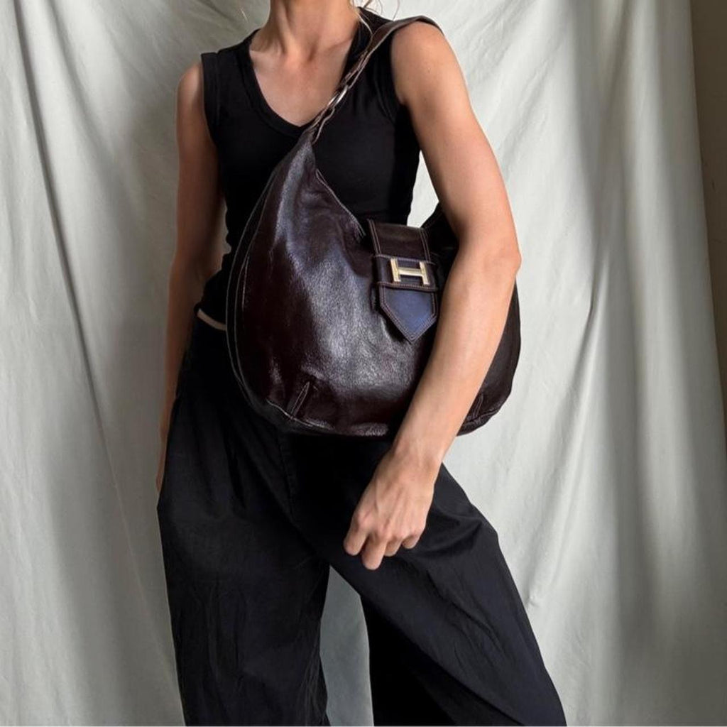 Vintage Y2K Oversized Brown Patent Leather Hobo Bag