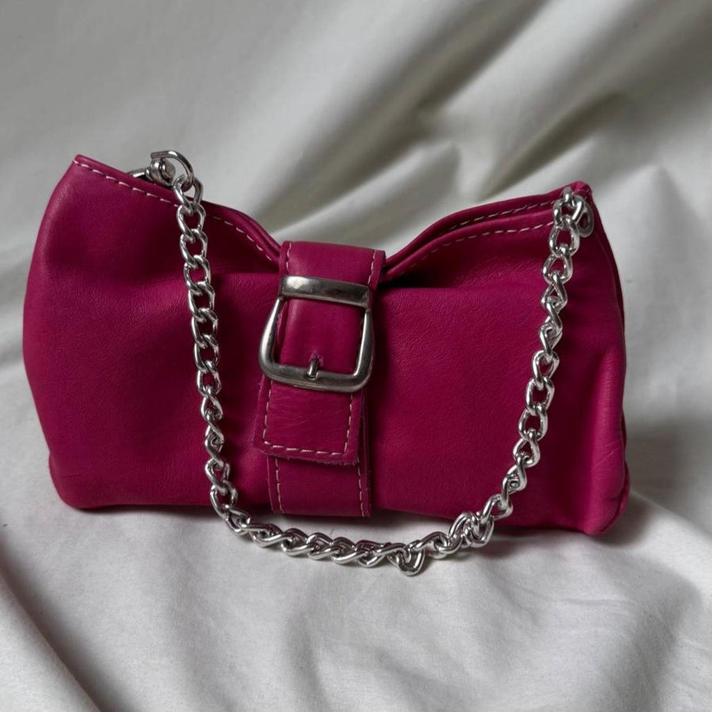 Vintage Y2K hot pink mini bag with silver chain and buckle