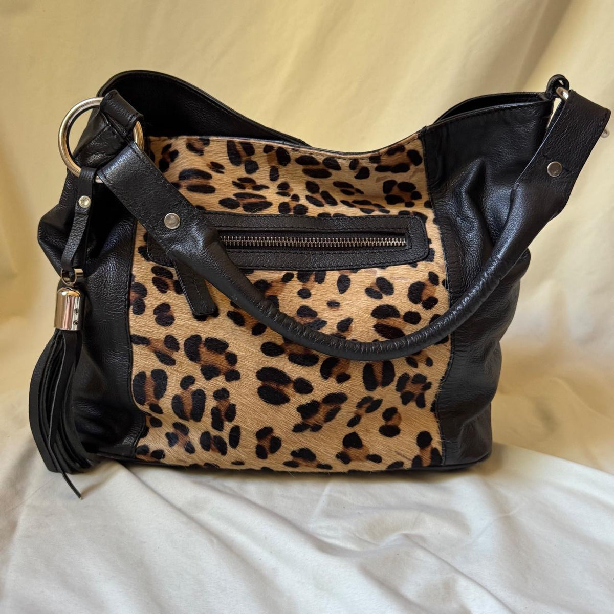 Pony Hair Leopard Print Leather Slouch Bag