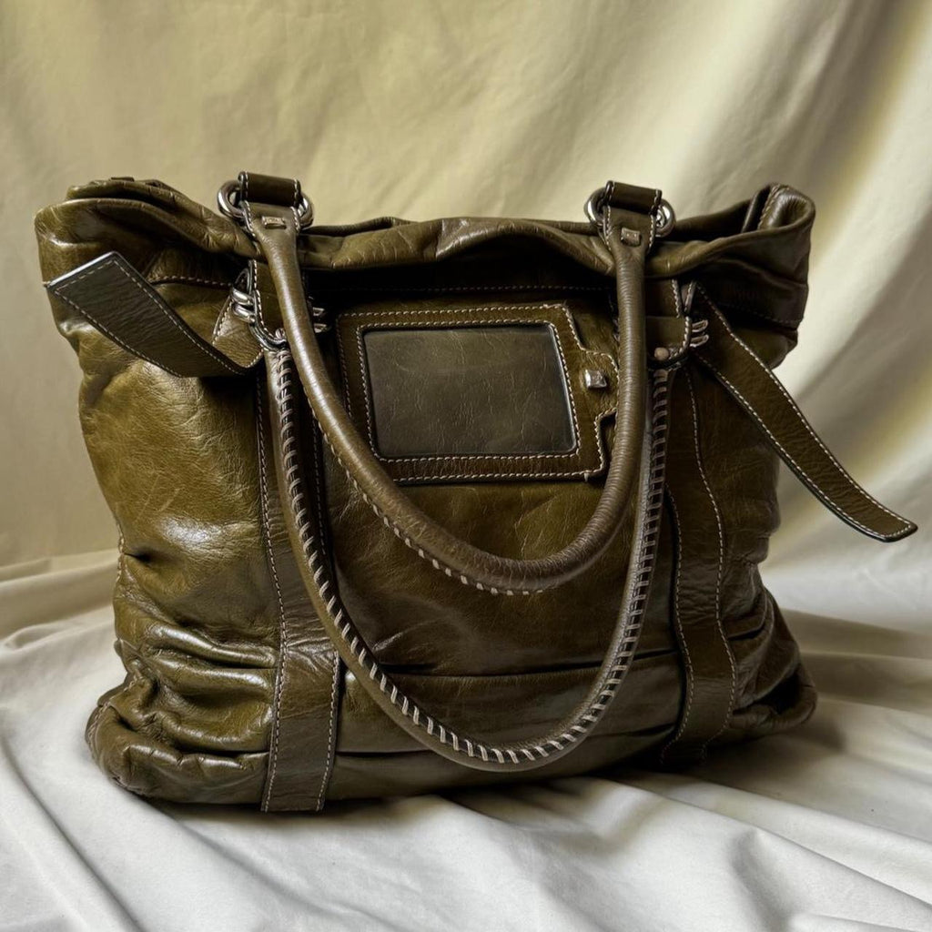 Vintage Oversized Olive Green Leather Tote Bag