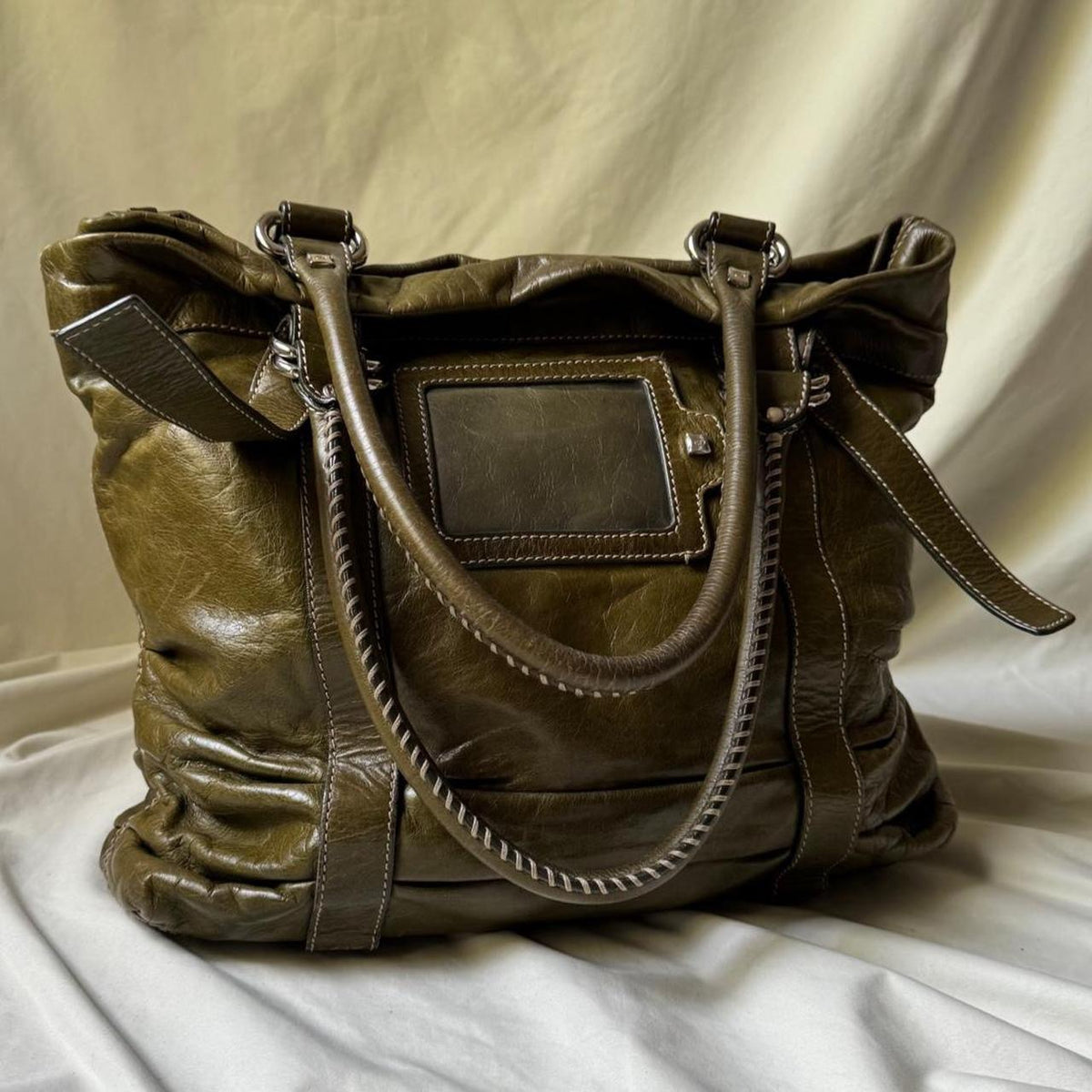 Vintage Oversized Olive Green Leather Tote Bag