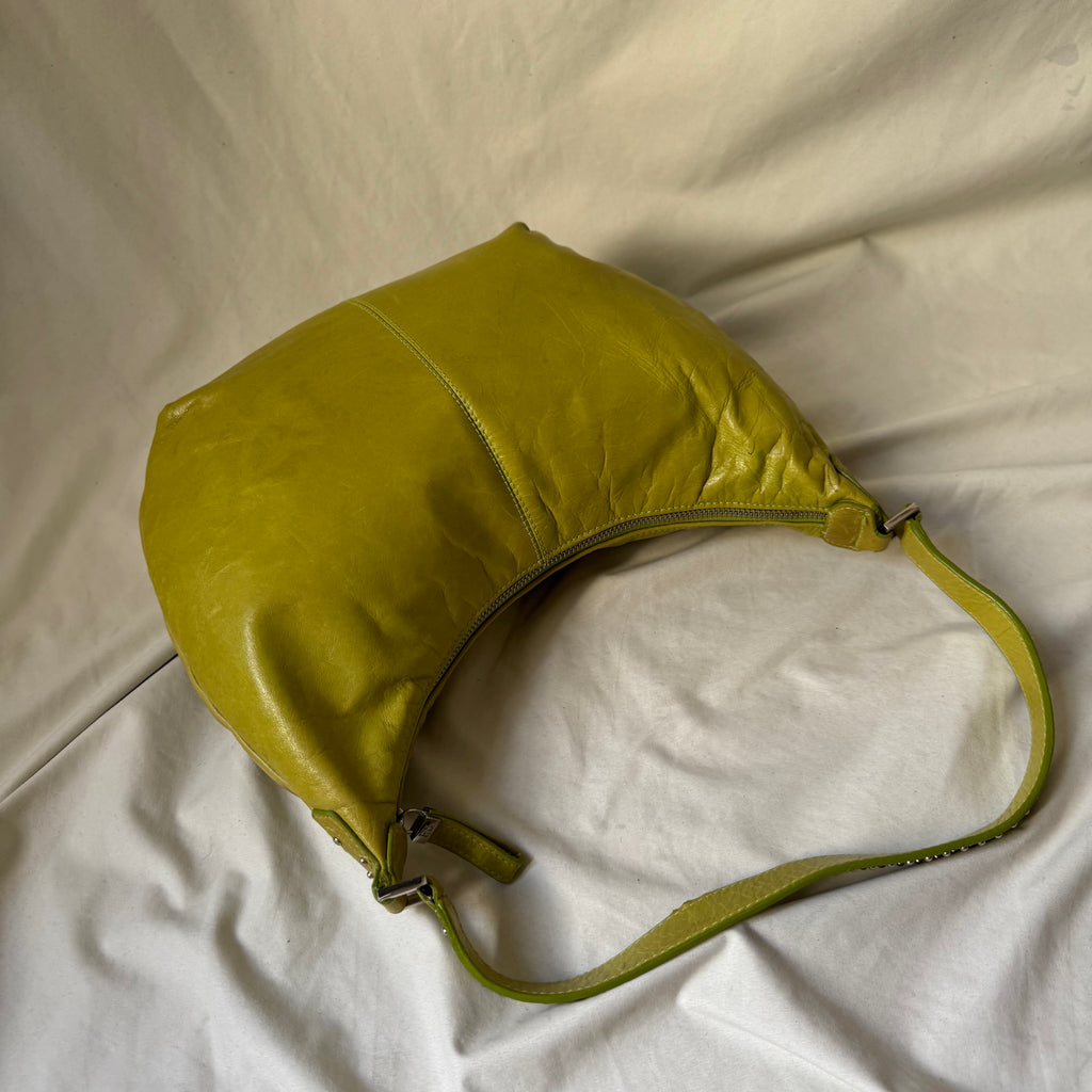Y2K lime green leather hobo bag with studs