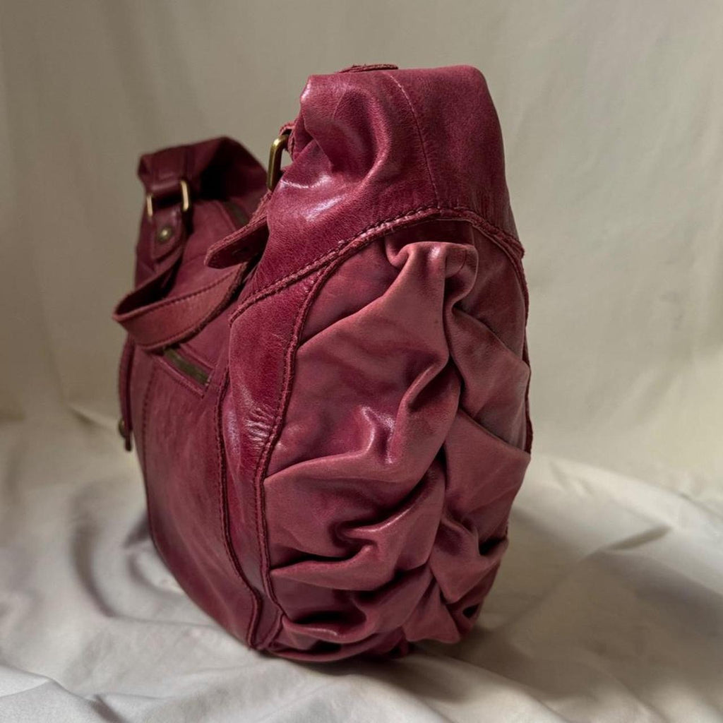Large Distressed Red Ruched Half Moon Hobo Bag