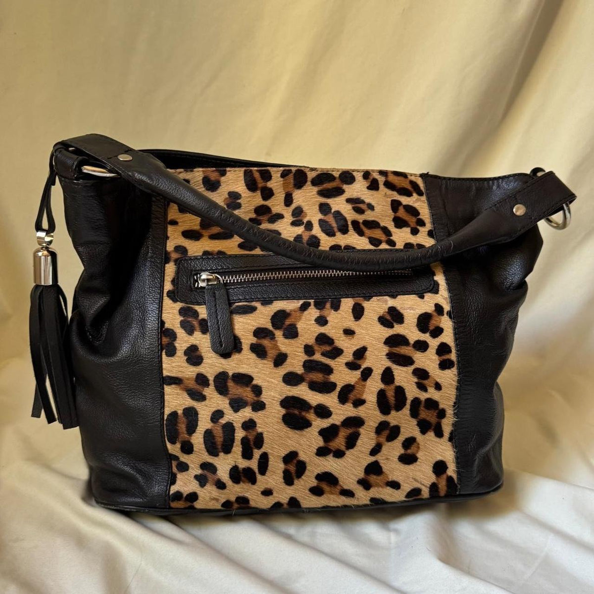 Pony Hair Leopard Print Leather Slouch Bag