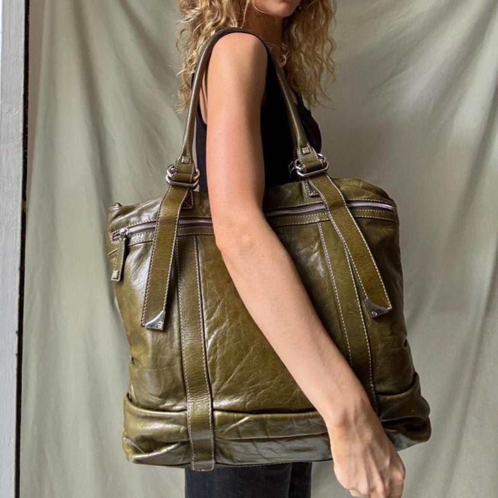 Vintage Oversized Olive Green Leather Tote Bag