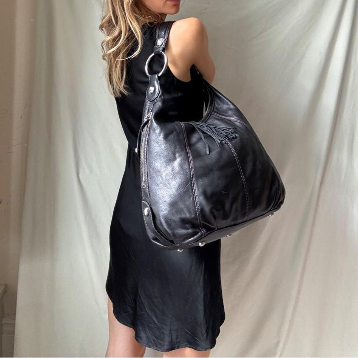 Vintage Y2K Black Leather Hobo Bag