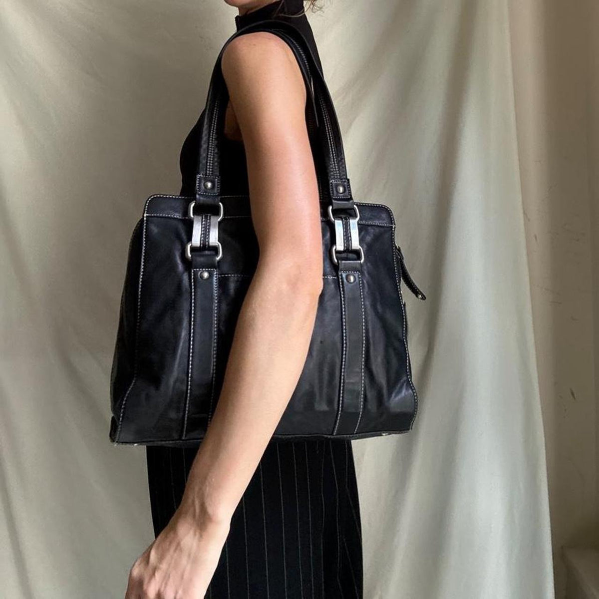 Vintage Large Black Leather Boxy Shoulder bag with Chunky Hardware