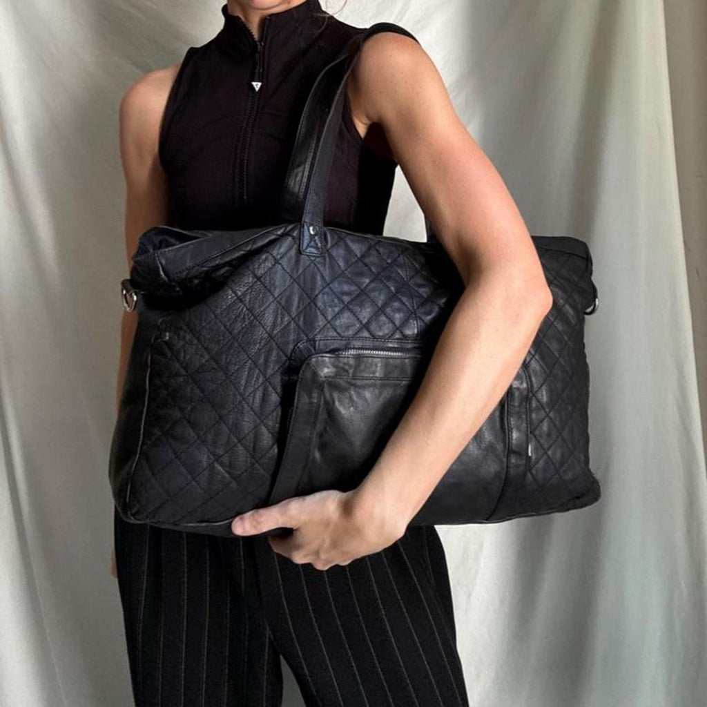 Y2K large black leather hold-all weekender bag