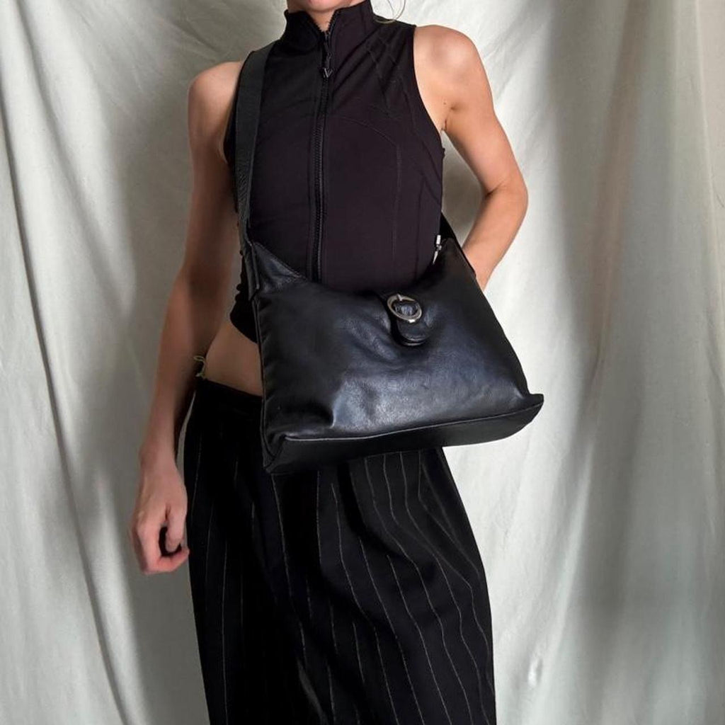 Vintage Structured Black Leather Hobo Bag Medium Sized