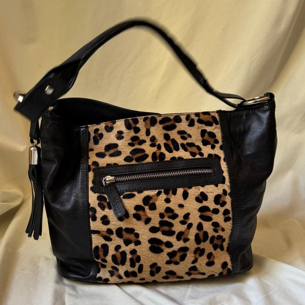 Pony Hair Leopard Print Leather Slouch Bag