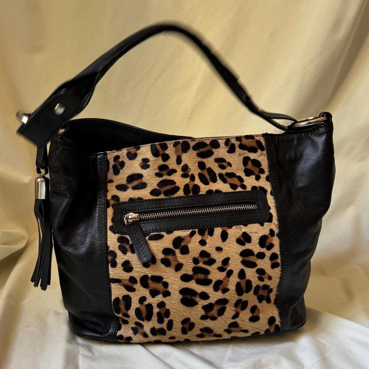 Pony Hair Leopard Print Leather Slouch Bag