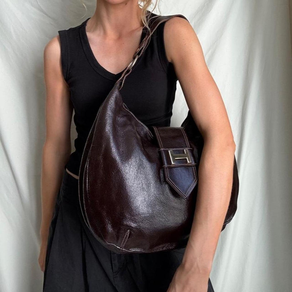 Vintage Y2K Oversized Brown Patent Leather Hobo Bag