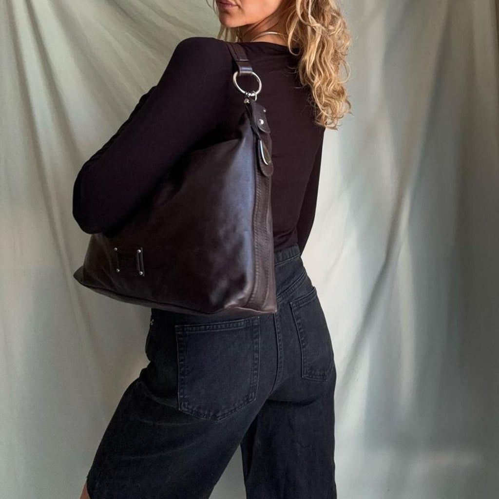 Vintage Y2K real leather, large slouchy burgundy hobo bag