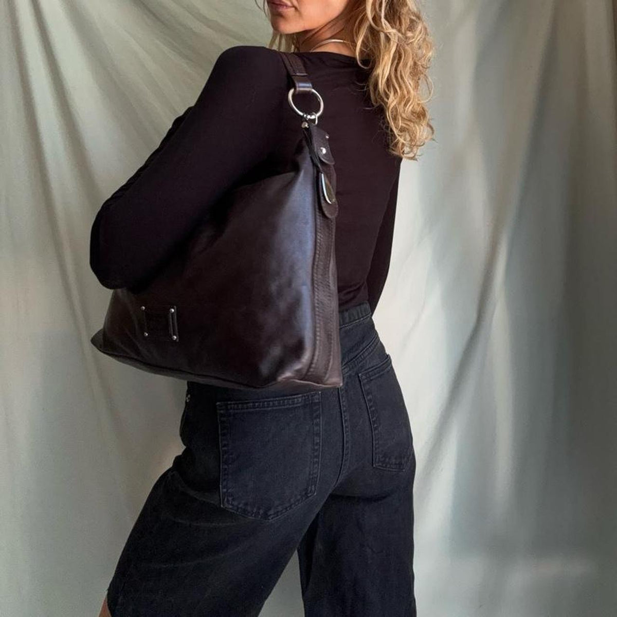 Vintage Y2K real leather, large slouchy burgundy hobo bag