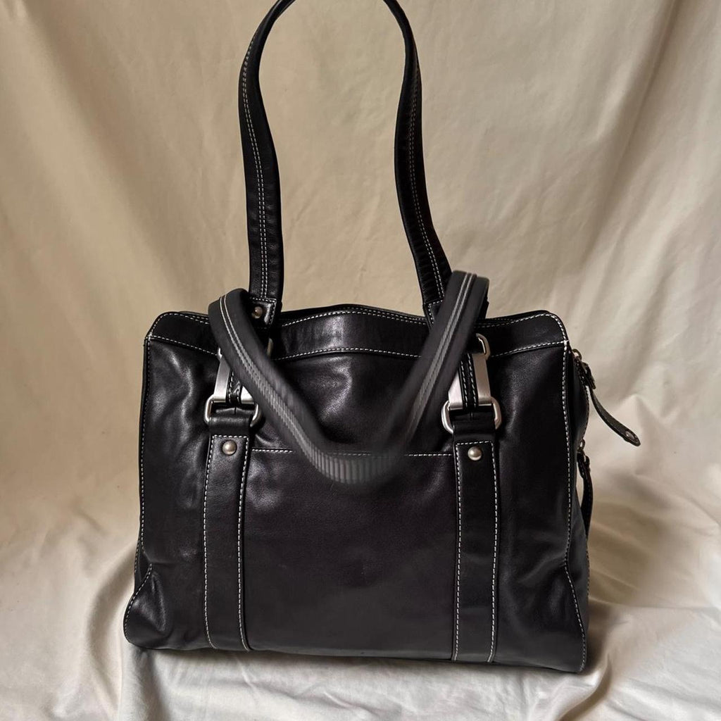 Vintage Large Black Leather Boxy Shoulder bag with Chunky Hardware
