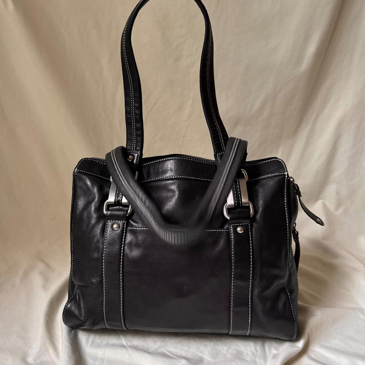 Vintage Large Black Leather Boxy Shoulder bag with Chunky Hardware