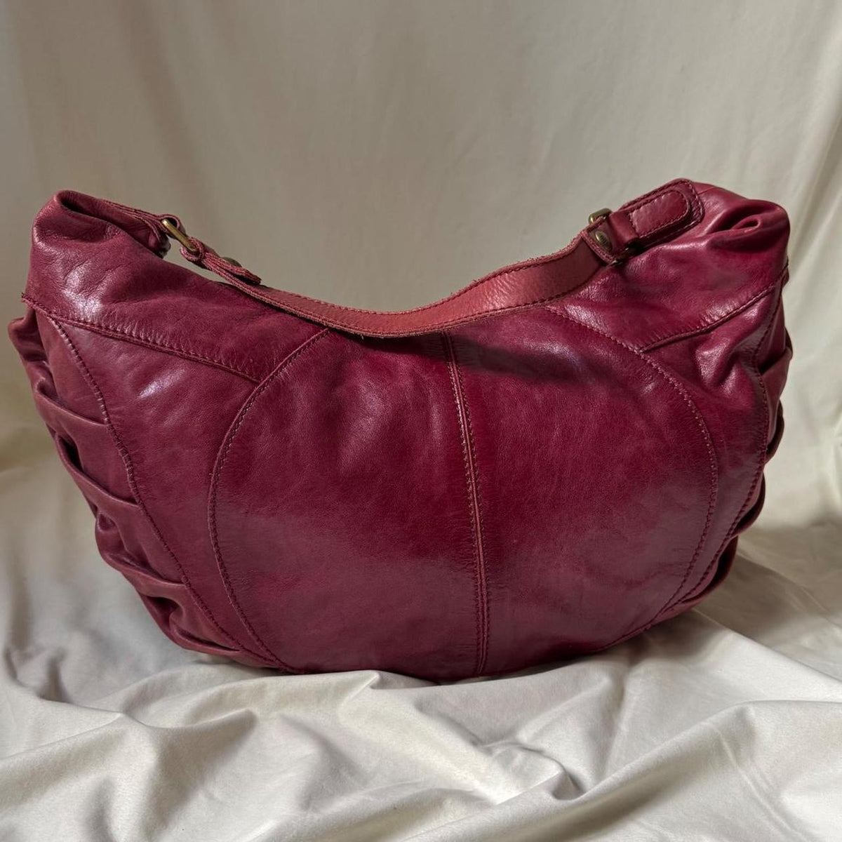 Large Distressed Red Ruched Half Moon Hobo Bag