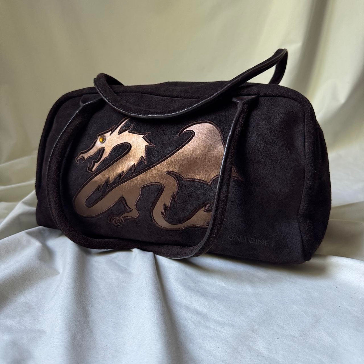 Vintage Italian Suede Barrel Bag with Metallic Dragon