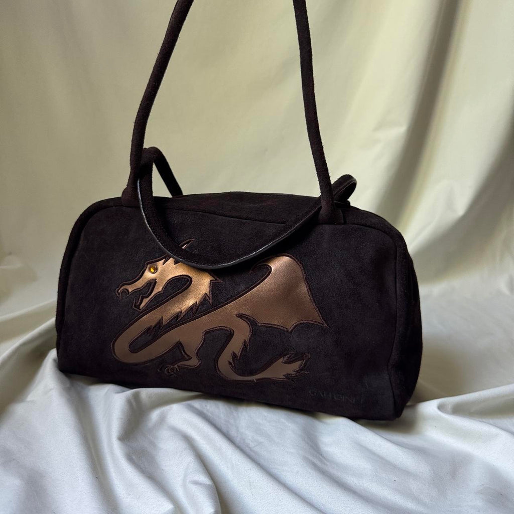Vintage Italian Suede Barrel Bag with Metallic Dragon