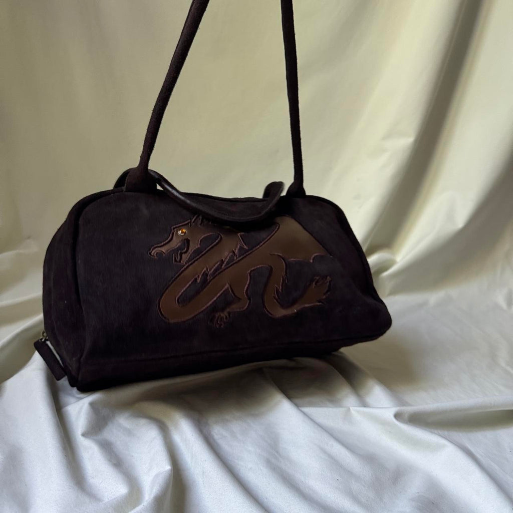 Vintage Italian Suede Barrel Bag with Metallic Dragon